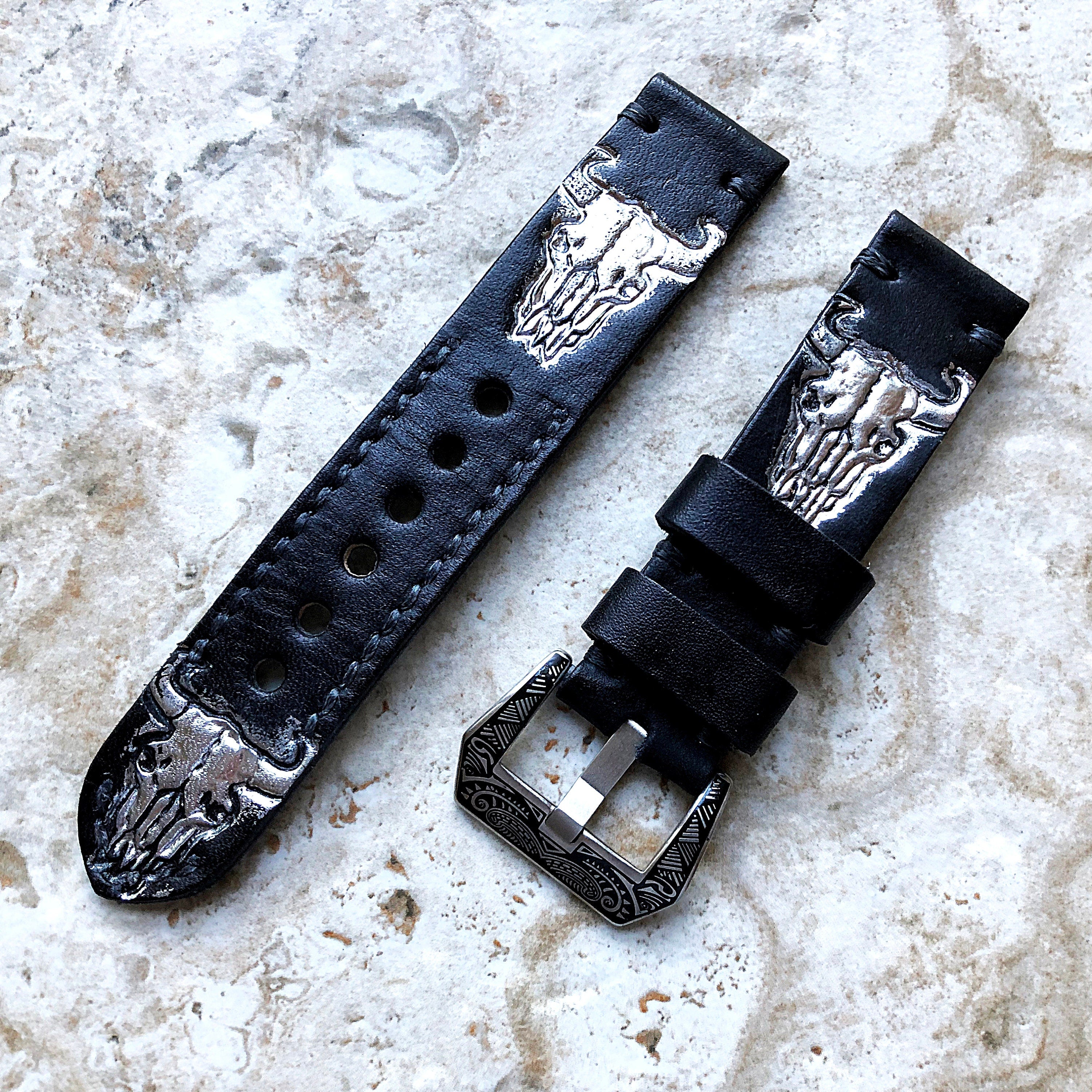 Buffalo Skull Watch Band 22mm 24mm 25mm Compatible with Apple Watch Fitbit Versa 2 3 4 Sense 2 Ionic Accented Embossed Real Leather Strap